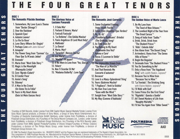 Luciano Pavarotti, Mario Lanza, José Carreras, Placido Domingo : The Four Great Tenors (4xCD, Comp + Box)