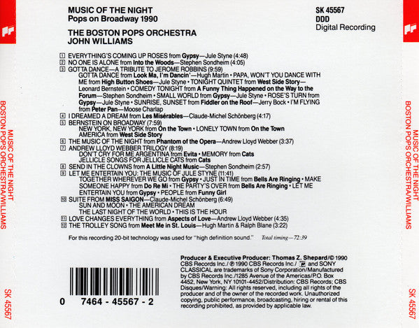 Boston Pops Orchestra, John Williams (4) : Music Of The Night (Pops On Broadway 1990) (CD, Album)