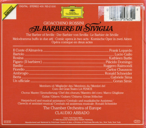 Gioacchino Rossini, Kathleen Battle, Placido Domingo, Frank Lopardo, Lucio Gallo, Ruggero Raimondi, The Chamber Orchestra Of Europe, Claudio Abbado : Il Barbiere Di Siviglia  (2xCD, Album + Box)