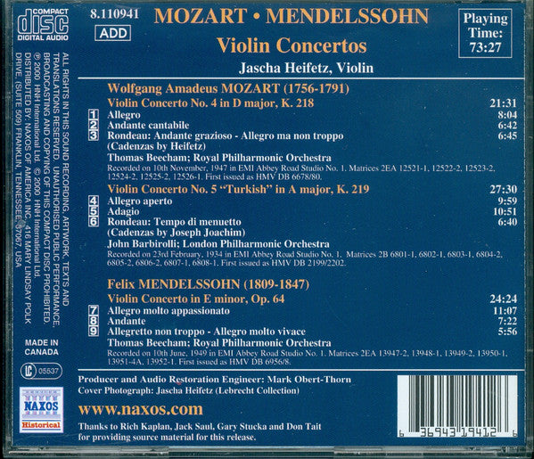 Jascha Heifetz – Wolfgang Amadeus Mozart / Felix Mendelssohn-Bartholdy : Concertos Nos. 4 & 5 /  Violin Concerto In E Minor, Op.64 – Historical Recordings 1934–1949 (CD, Comp, Mono, RM)