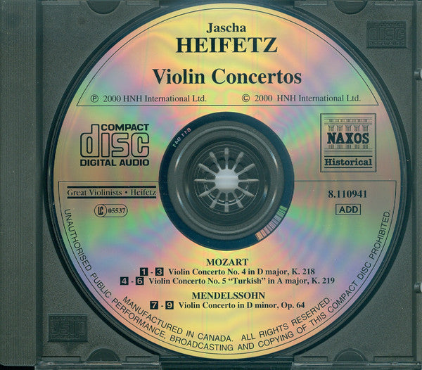 Jascha Heifetz – Wolfgang Amadeus Mozart / Felix Mendelssohn-Bartholdy : Concertos Nos. 4 & 5 /  Violin Concerto In E Minor, Op.64 – Historical Recordings 1934–1949 (CD, Comp, Mono, RM)