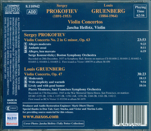 Sergei Prokofiev, Louis Gruenberg, Jascha Heifetz, Boston Symphony Orchestra, Serge Koussevitzky, San Francisco Symphony, Pierre Monteux : Violin Concertos (Historical Recordings 1937 & 1945) (CD, Comp, RM)