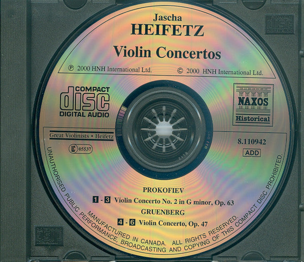 Sergei Prokofiev, Louis Gruenberg, Jascha Heifetz, Boston Symphony Orchestra, Serge Koussevitzky, San Francisco Symphony, Pierre Monteux : Violin Concertos (Historical Recordings 1937 & 1945) (CD, Comp, RM)