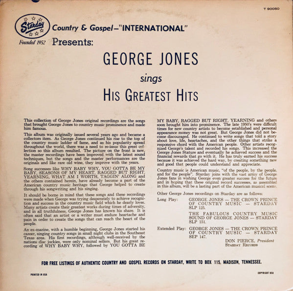 George Jones (2) : George Jones Sings His Greatest Hits (LP, Album, Mono, Club)