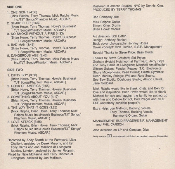 Bad Company (3) : Dangerous Age (Cass, Album, AR)