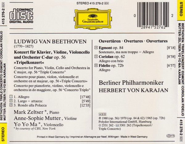 Ludwig van Beethoven - Anne-Sophie Mutter, Mark Zeltser, Yo-Yo Ma, Berliner Philharmoniker, Herbert von Karajan : Tripelkonzert • Triple Concerto / Ouvertüren: Egmont • Coriolan • Fidelio (CD, Comp)