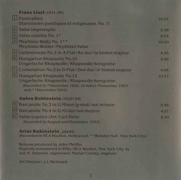 Arthur Rubinstein, Franz Liszt : Hungarian Rhapsodies ▪ Mephisto Waltz ▪ Funerailles ▪ Liebestraum No. 3 (CD, Comp)