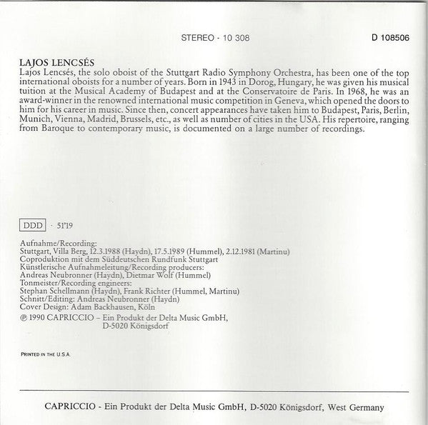 Joseph Haydn • Johann Nepomuk Hummel • Bohuslav Martinů — Lajos Lencsés - Oboe;  Radio-Sinfonieorchester Stuttgart, Sir Neville Marriner : Oboenkonzerte / Oboe Concertos (CD, Comp, Club, RE)