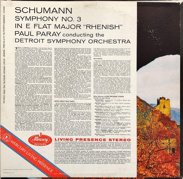 Robert Schumann - Paul Paray, Detroit Symphony Orchestra : Symphony No. 3 In E-Flat Major, Op. 97 "Rhenish" (LP)