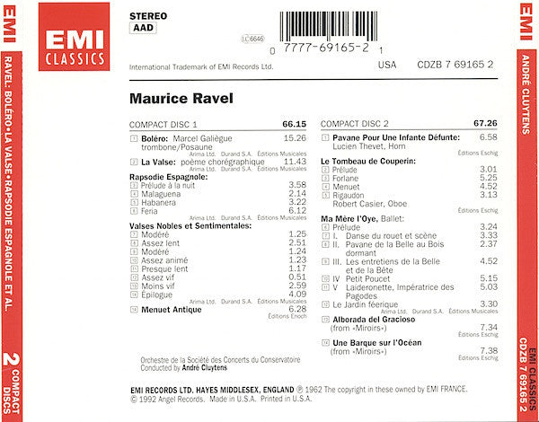 Maurice Ravel, André Cluytens, Orchestre De La Société Des Concerts Du Conservatoire : Boléro • La Valse • Rapsodie Espagnole, Et Al (2xCD, Comp)