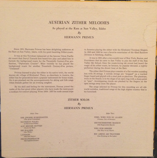 Hermann Primus : Zither Melodies (LP)