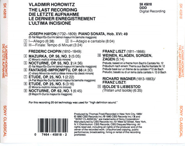 Vladimir Horowitz, Frédéric Chopin · Joseph Haydn · Franz Liszt · Richard Wagner : The Last Recording (CD)