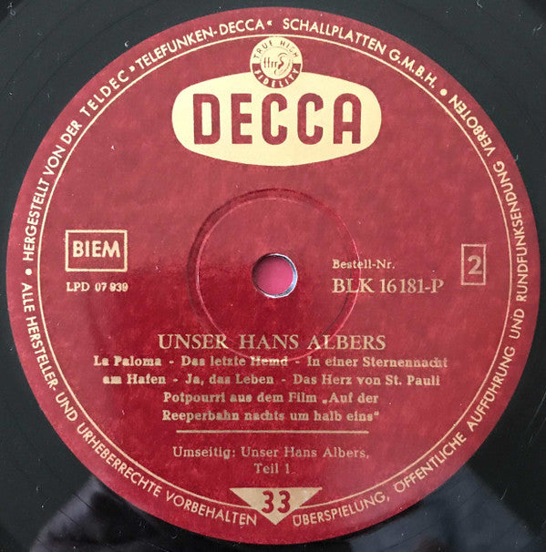 Hans Albers - Unser Hans Albers (LP) (VG+) - Endless Media