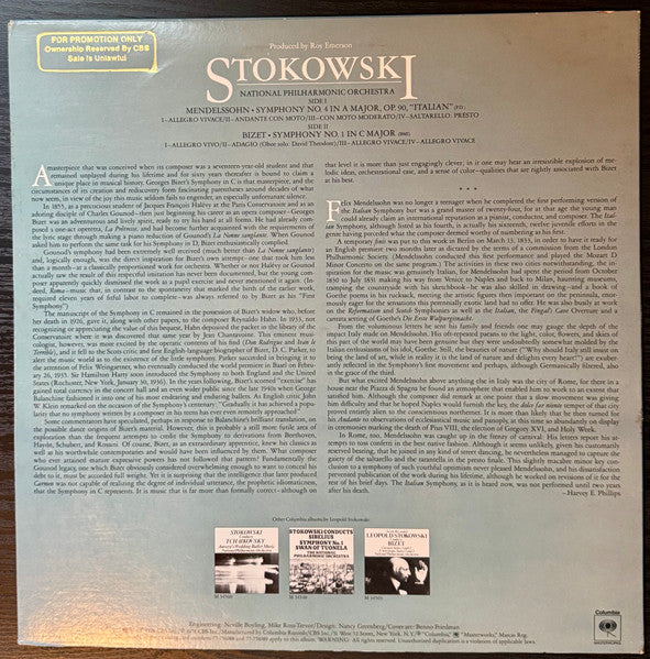 Leopold Stokowski, National Philharmonic Orchestra, Felix Mendelssohn-Bartholdy Felix Mendelssohn, Georges Bizet : Bizet - Symphony In C / Mendelssohn - Symphony No. 4, "Italian" (LP, Album, Promo)