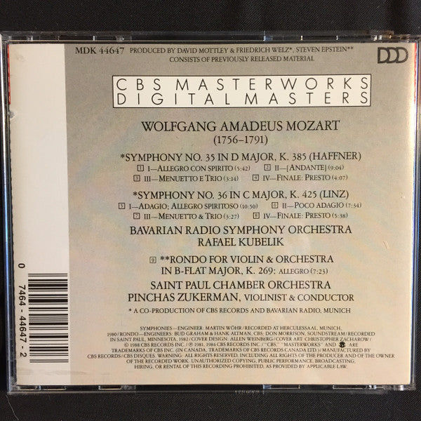 Wolfgang Amadeus Mozart - Rafael Kubelik, Symphonie-Orchester Des Bayerischen Rundfunks / Pinchas Zukerman, The Saint Paul Chamber Orchestra - The Last Six Symphonies, Vol. I - Symphony No. 35 "Haffner" - Symphony No. 36 "Linz"  (CD) (VG+) - Endless Media