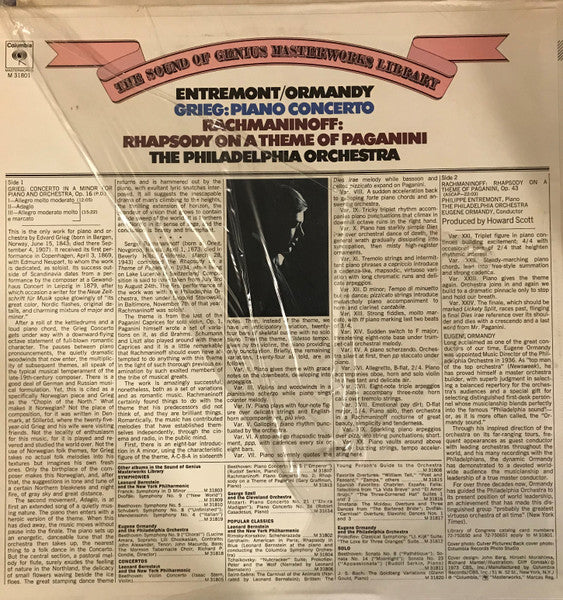 Edvard Grieg, Sergei Vasilyevich Rachmaninoff - Philippe Entremont, The Philadelphia Orchestra, Eugene Ormandy : Concerto & Rhapsody (LP, RE)