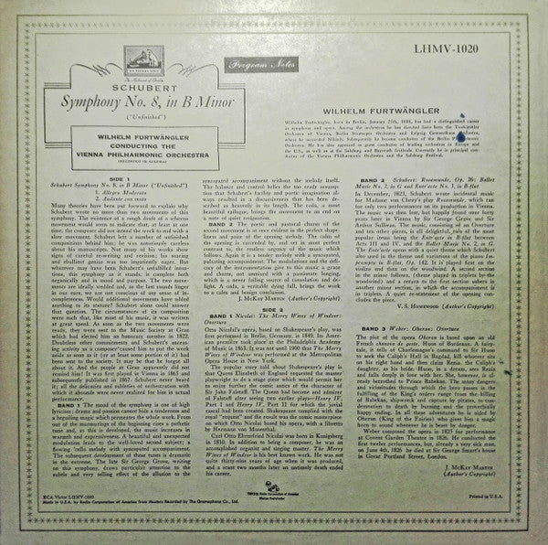 Franz Schubert - Wilhelm Furtwängler Conducting The Wiener Philharmoniker : "Unfinished" Symphony (LP, Mono)