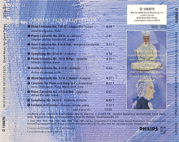 Wolfgang Amadeus Mozart : Mozart For Meditation - Quiet Music For Quiet Times (CD, Comp, Club)