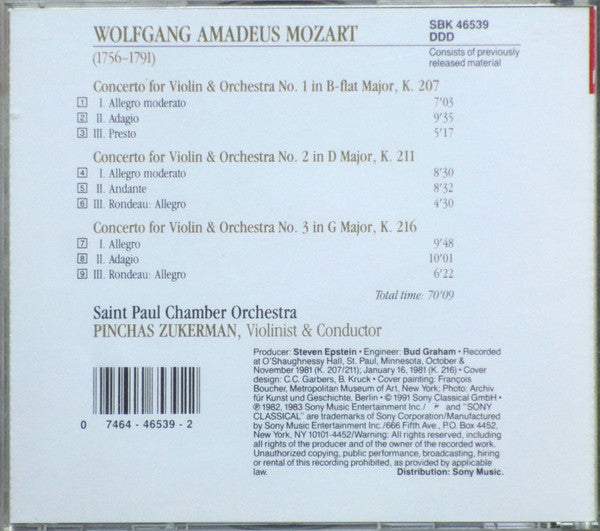 Wolfgang Amadeus Mozart, Pinchas Zukerman, The Saint Paul Chamber Orchestra - Violin Concertos Nos. 1, 2 & 3 (CD) (VG) - Endless Media