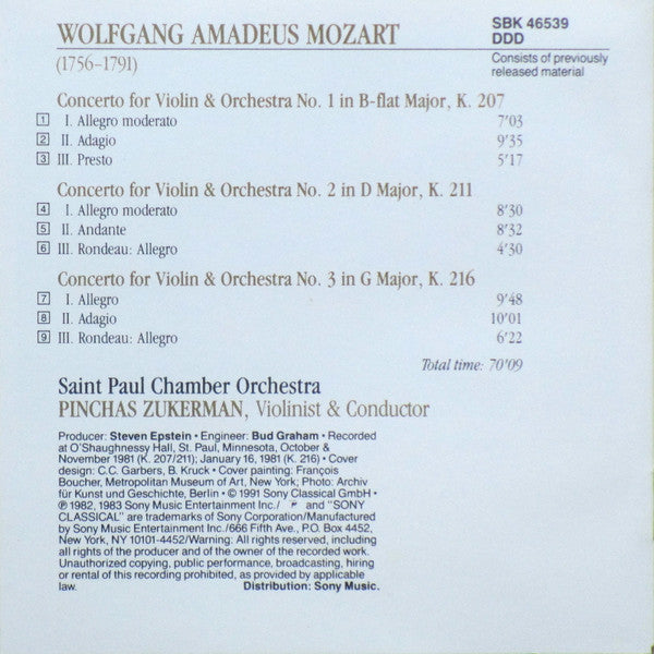 Wolfgang Amadeus Mozart, Pinchas Zukerman, The Saint Paul Chamber Orchestra - Violin Concertos Nos. 1, 2 & 3 (CD) (VG) - Endless Media