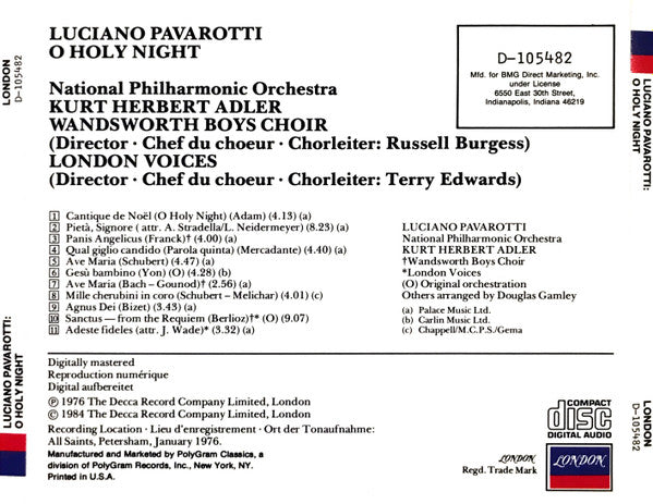 Luciano Pavarotti, National Philharmonic Orchestra, Kurt Herbert Adler : O Holy Night (CD, Album, Club, RE)