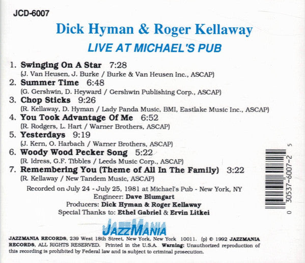 Dick Hyman & Roger Kellaway : Live At Michael's Pub (CD, Album)