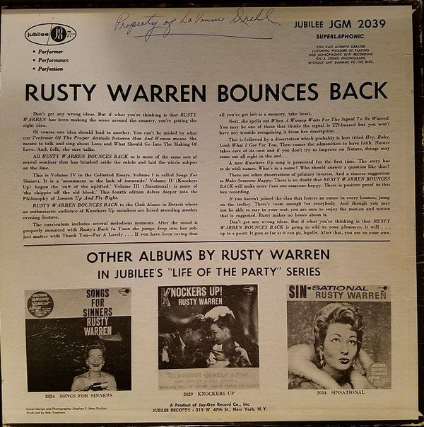 Rusty Warren : Rusty Warren Bounces Back (LP, Album)