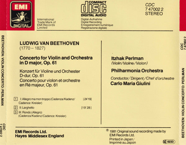 Itzhak Perlman, Carlo Maria Giulini, Ludwig van Beethoven, Philharmonia Orchestra : Violin Concerto (CD, Album, RE)
