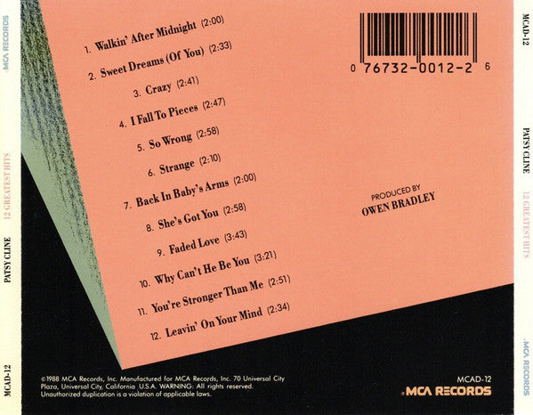 Patsy Cline : 12 Greatest Hits (CD, Comp, RE, RM, Mat)