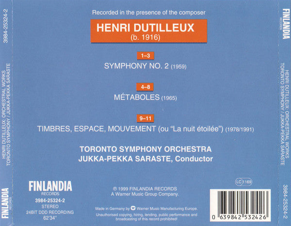 Henri Dutilleux, Toronto Symphony Orchestra, Jukka-Pekka Saraste : Symphony No. 2  • Métaboles • Timbres, Espace, Mouvement (CD, Album)