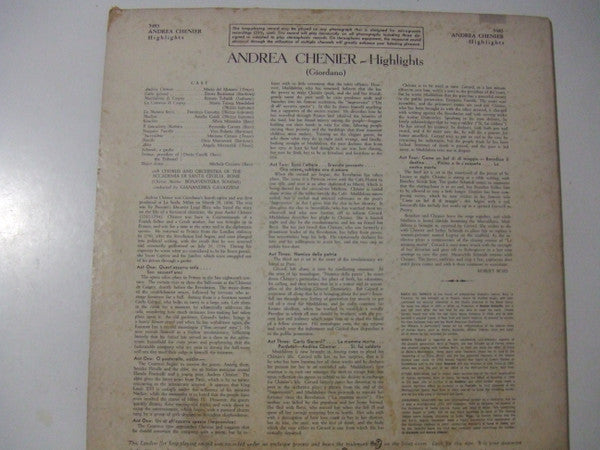 Umberto Giordano, Mario del Monaco, Renata Tebaldi, Ettore Bastianini, Coro dell'Accademia Nazionale di Santa Cecilia And Orchestra dell'Accademia Nazionale di Santa Cecilia, Gianandrea Gavazzeni : Andrea Chénier (Highlights) (LP)