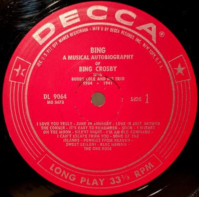 Bing Crosby With The Buddy Cole Trio : A Musical Autobiography Of Bing 1934-1941 (LP, Mono)