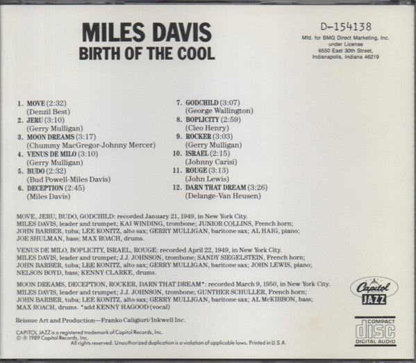 Miles Davis : Birth Of The Cool (CD, Album, Comp, Club, RE, JVC)