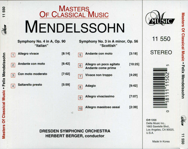 Felix Mendelssohn-Bartholdy - Dresdner Symphonie-Orchester, Herbert Berger (4) : Masters Of Classical Music, Vol.11: Mendelssohn (CD, Album)