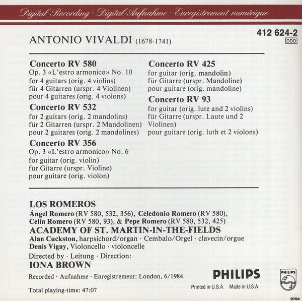 Antonio Vivaldi, The Romeros, The Academy Of St. Martin-in-the-Fields, Iona Brown : Guitar Concertos (CD, Album, RE)