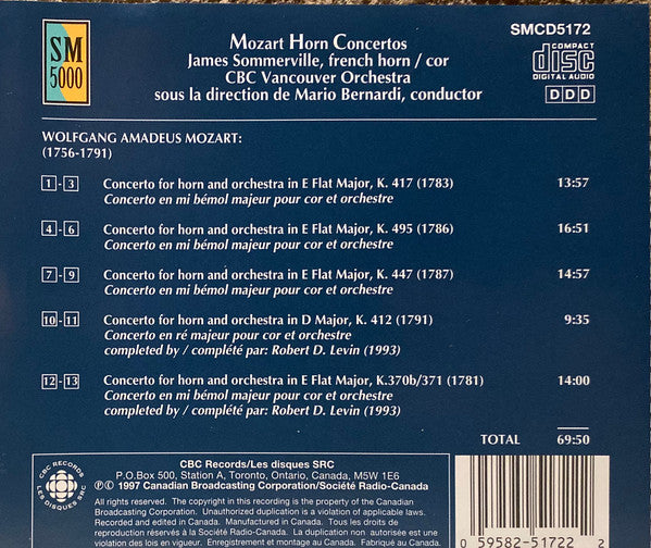 James Sommerville, CBC Vancouver Orchestra, Mario Bernardi (2) : Mozart Horn Concertos (CD)