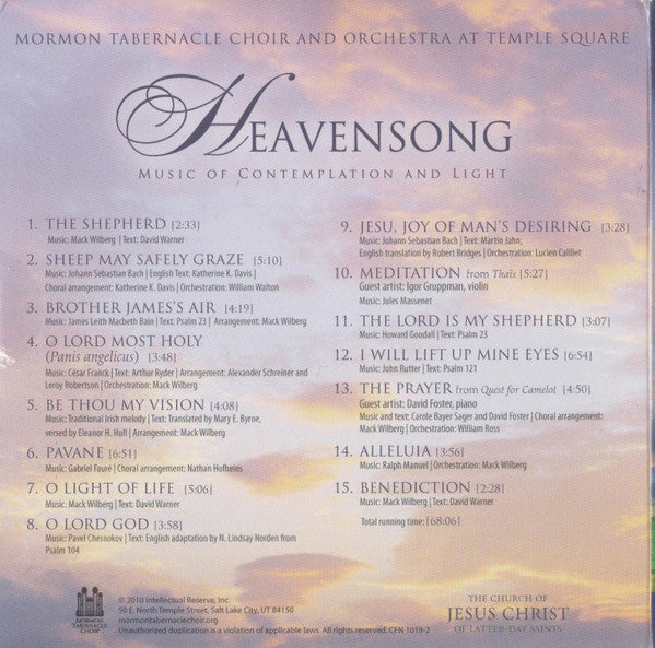 Mormon Tabernacle Choir, Orchestra at Temple Square, Mack Wilberg : Heavensong Music Of Contemplation And Light (CD, Album)