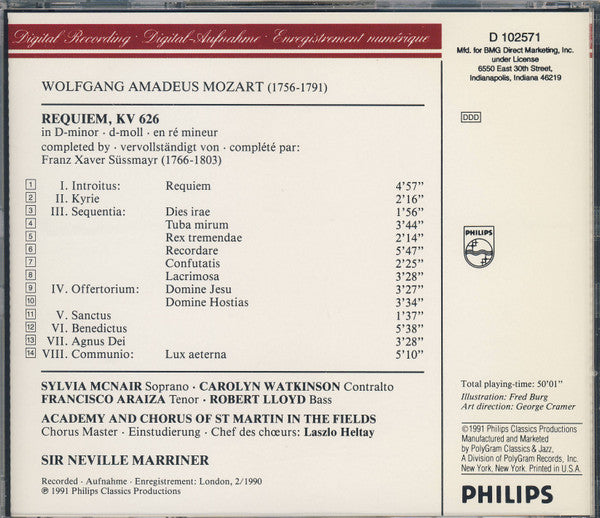 Wolfgang Amadeus Mozart - The Academy Of St. Martin-in-the-Fields / Sir Neville Marriner : Requiem (CD, Album, Club, BMG)