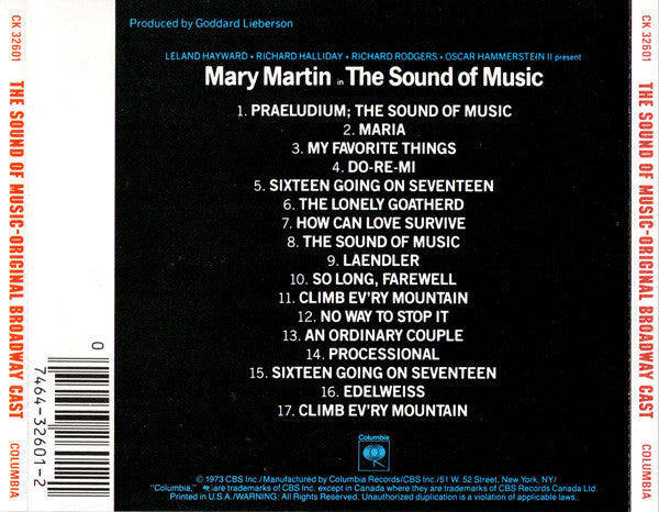 Leland Hayward, Richard Halliday, Richard Rodgers, Oscar Hammerstein II Present Mary Martin : The Sound Of Music - Original Broadway Cast (CD, RE)