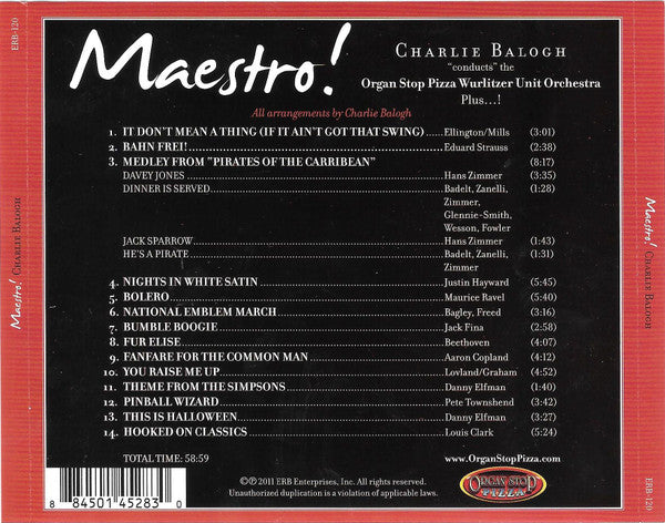 Charlie Balogh : Maestro! Charlie Balogh "conducts" The Organ Stop Pizza Wurlitzer Unit Orchestra Plus...! (CD, Album)