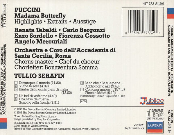 Giacomo Puccini, Renata Tebaldi, Carlo Bergonzi, Fiorenza Cossotto, Enzo Sordello, Orchestra dell'Accademia Nazionale di Santa Cecilia E Coro dell'Accademia Nazionale di Santa Cecilia, Tullio Serafin : Madama Butterfly - Highlights (CD, RE)