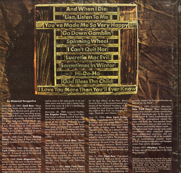 Blood, Sweat And Tears : Blood, Sweat & Tears Greatest Hits (LP, Comp, Ter)