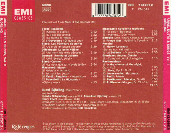 Jussi Björling : Arias, Duets & Songs, Vol. II (CD, Comp, Mono, RM)