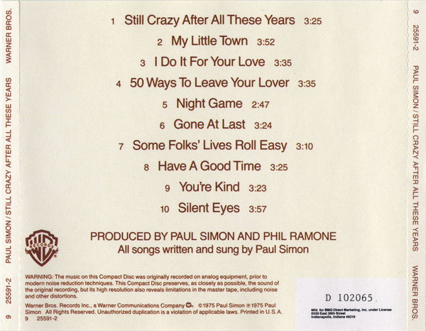 Paul Simon : Still Crazy After All These Years (CD, Album, Club, RE)