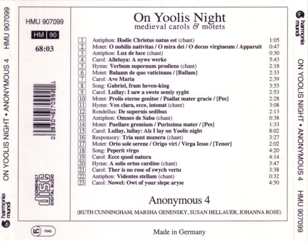 Anonymous 4 : On Yoolis Night (Medieval Carols & Motets) (CD, Album, RP)