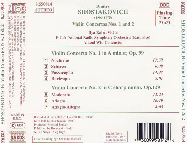 Dmitri Shostakovich, Ilya Kaler, Wielka Orkiestra Symfoniczna Polskiego Radia W Katowicach, Antoni Wit : Violin Concertos Nos. 1 & 2 (CD, Album, P+O)