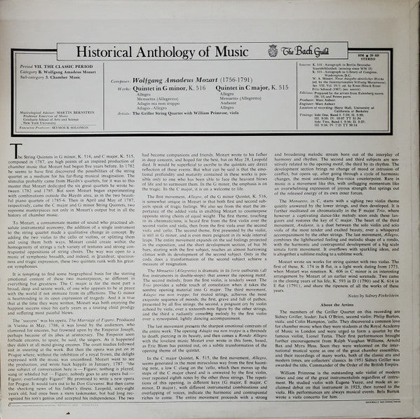 Wolfgang Amadeus Mozart - The Griller String Quartet With William Primrose : Quintet In G Minor K. 516 / Quintet In C Major K. 515 (LP, RE)