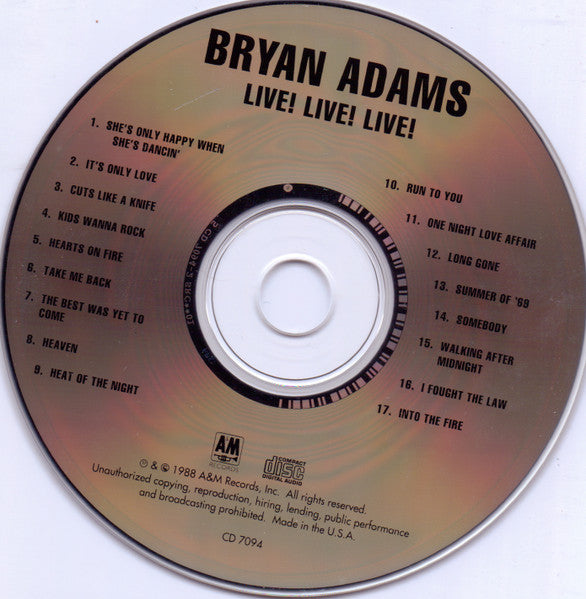Bryan Adams : Live! Live! Live! (CD, Album, Club, CRC)
