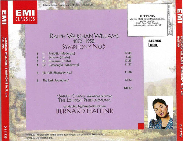 Ralph Vaughan Williams – Sarah Chang, London Philharmonic Orchestra, Bernard Haitink : Symphony No. 5 • Norfolk Rhapsody No.1 • The Lark Ascending (CD, Album, Club)