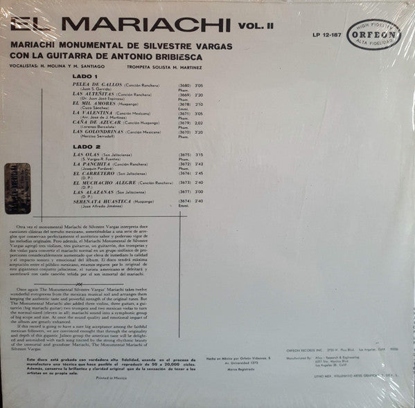 Mariachi Monumental De Silvestre Vargas Con La Guitarra De Antonio Bribiesca : El Mariachi - Vol. II (LP)